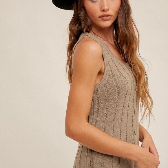 HEM & THREAD Sage Button Front Knit Tank Top | Ribbed Sweater Vest - Picture 4 of 5